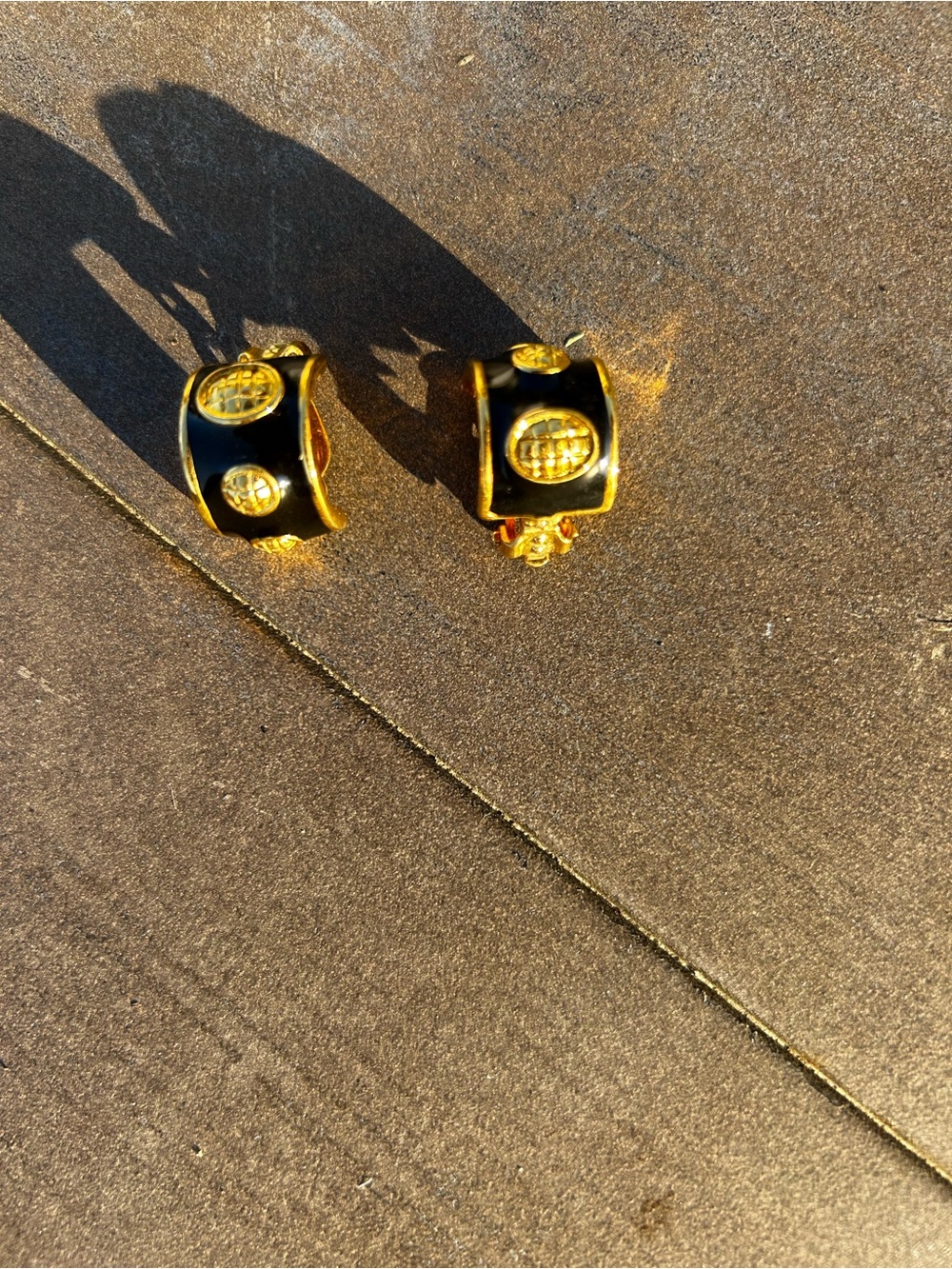 Black Enamel and Gold Clip-On Earrings vintage